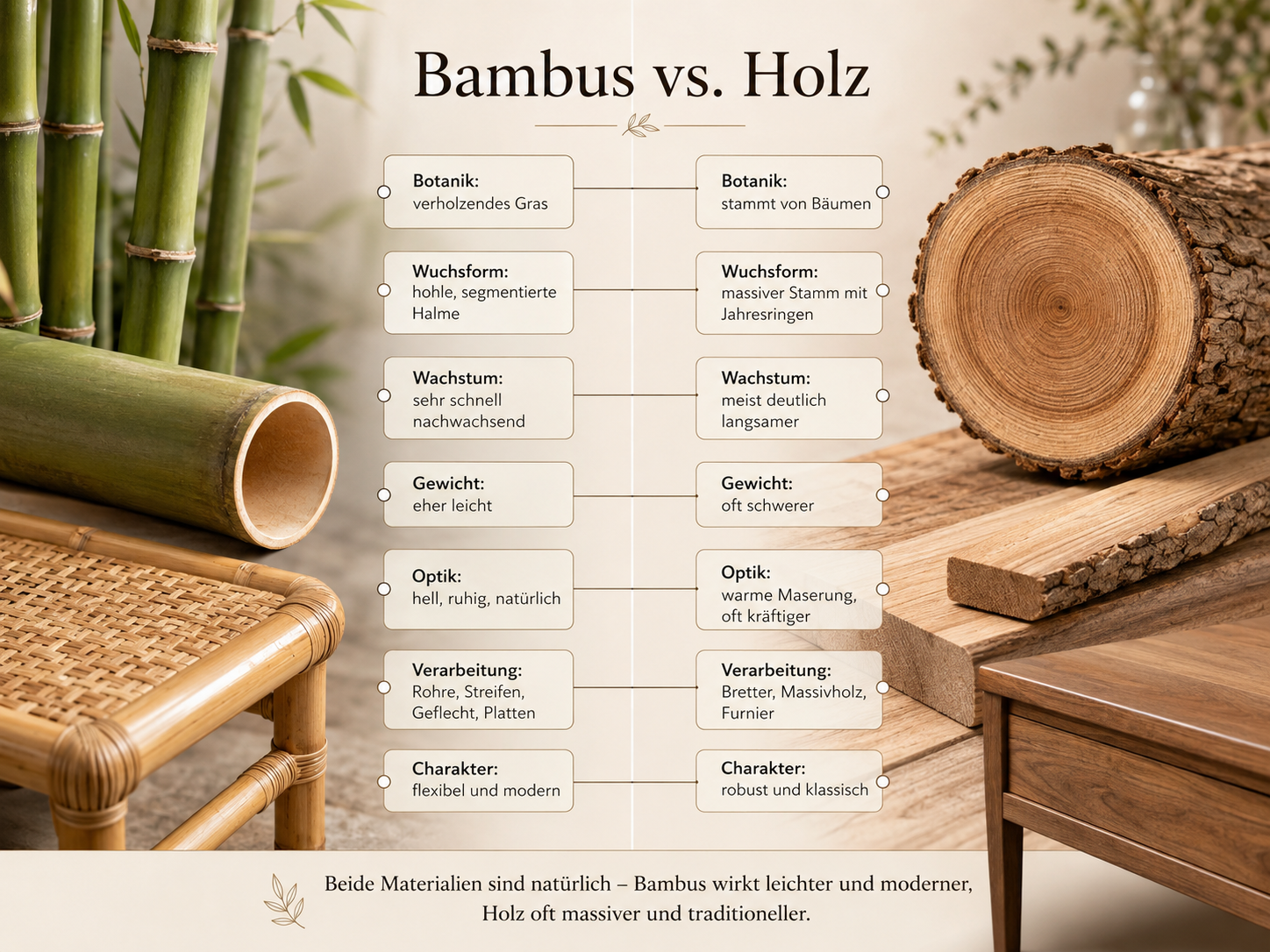 Direkter Vergleich von Bambus und Holz mit markierten Unterschieden bei Botanik, Wachstum, Gewicht, Optik und Verarbeitung.